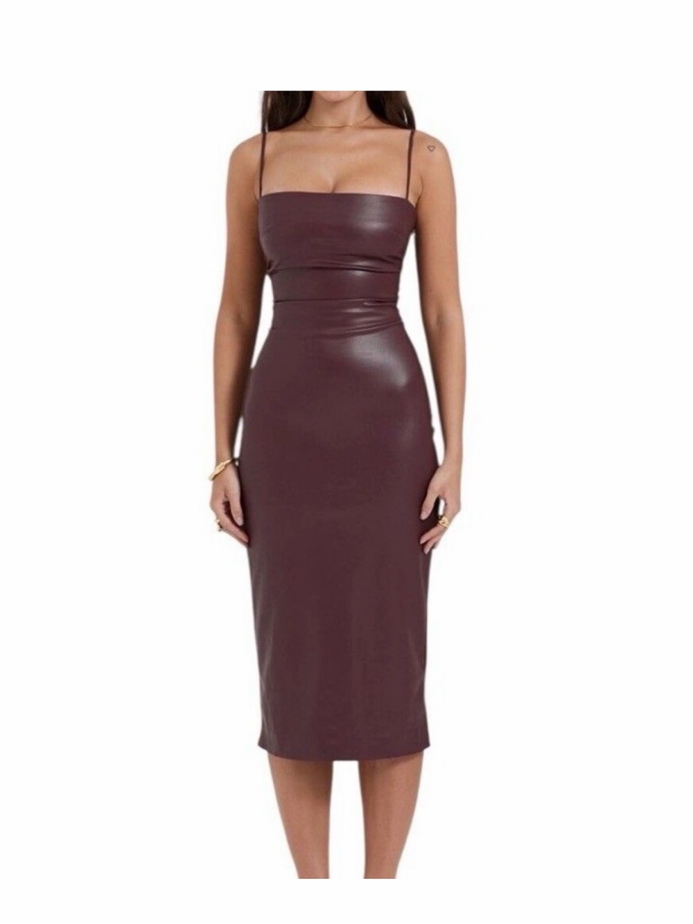 HOUSE OF CB Jalena Mulberry Vegan Leather Lace Back Dress Fall Deep Plum Brown